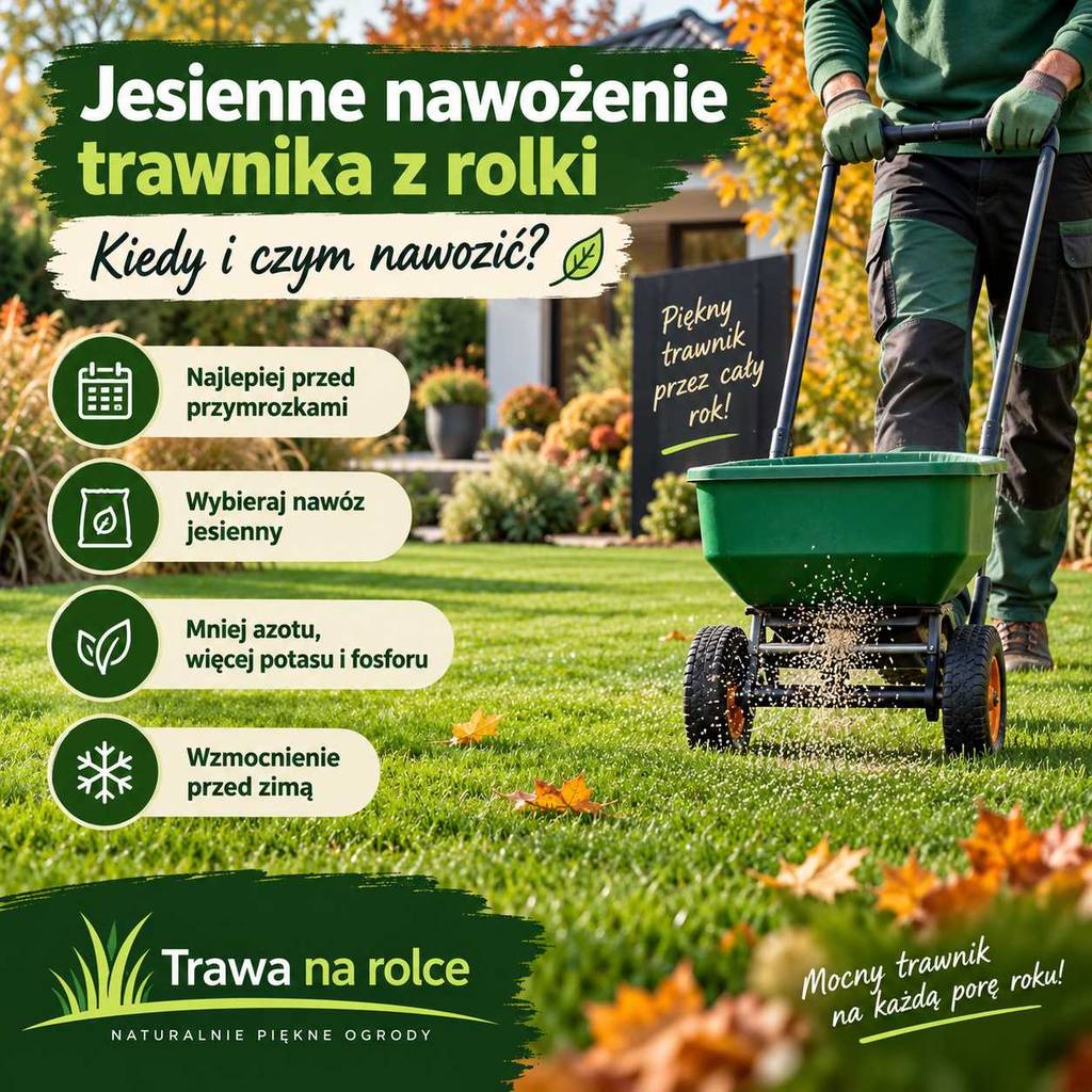 jesienne nawożenie trawnika z rolki rozsypywanie nawozu na darni przygotowanie trawnika do zimy i wzmocnienie korzeni