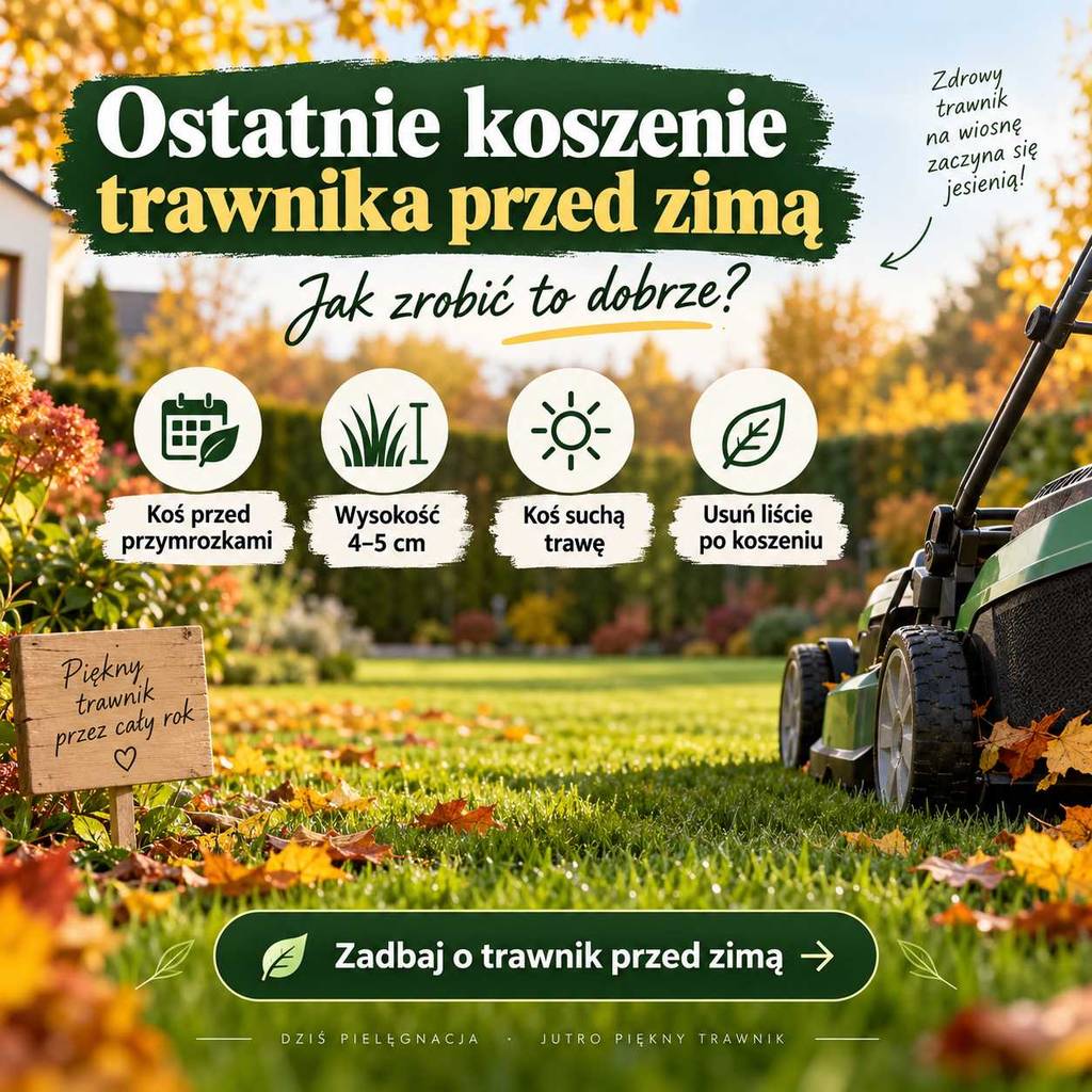 ostatnie koszenie trawnika przed zimą jesienna pielęgnacja darni koszenie suchej trawy na wysokość 4–5 cm i przygotowanie trawnika do zimy