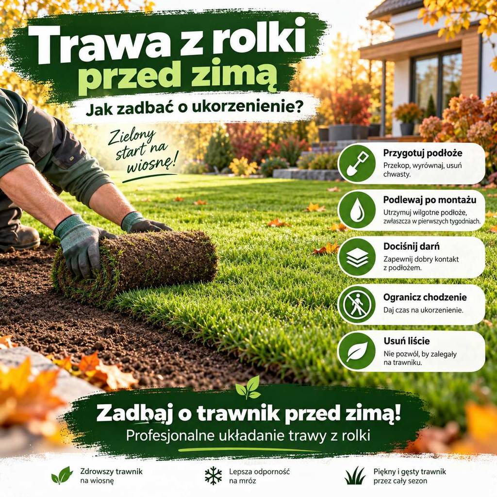 trawa z rolki przed zimą ukorzenienie darni jesienne podlewanie przygotowanie podłoża i pielęgnacja trawnika przed mrozami