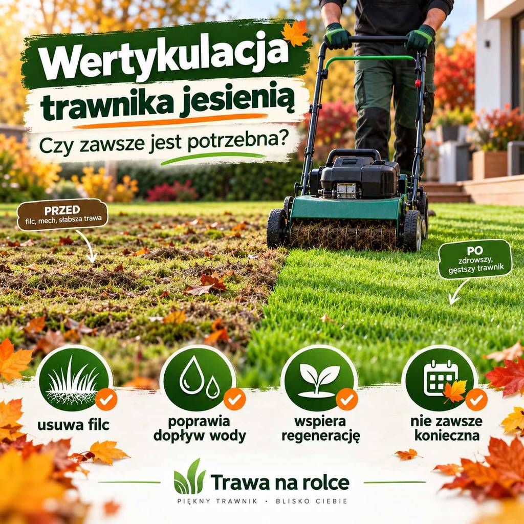 Jesienna wertykulacja trawnika – usuwanie filcu i mchu, regeneracja darni oraz przygotowanie zielonego trawnika do zimy.